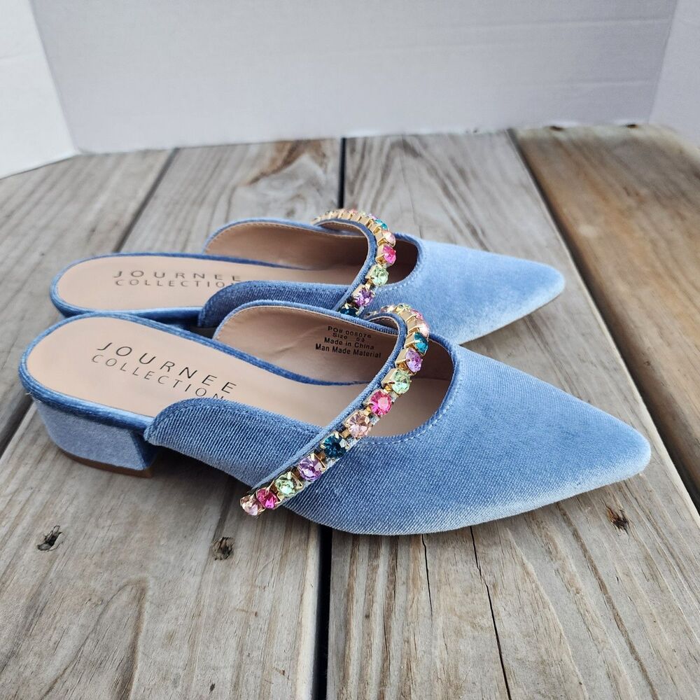 New In Box Journee Collection Light Blue Velor Embellished Jewelled Mules Sz 5.5 - Picture 13 of 16